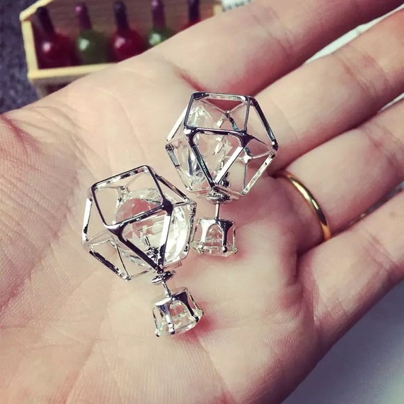 Geometric Double Stud Crystal Diamond Earrings - Picture 8 of 8